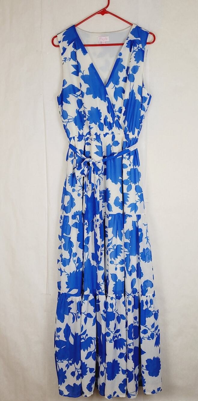 Pink Lily blue floral tiered belted maxi dress Size Large Cottagecore Romantic